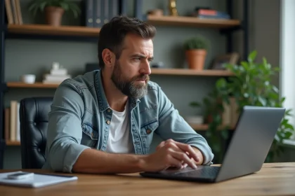 Homme d'âge moyen dans un bureau moderne regardant un routeur wifi