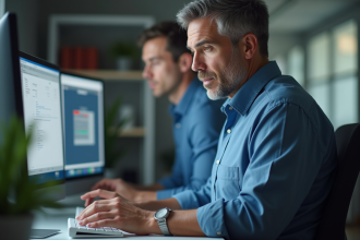 Homme d'affaires concentré travaillant sur un ordinateur dans un bureau moderne