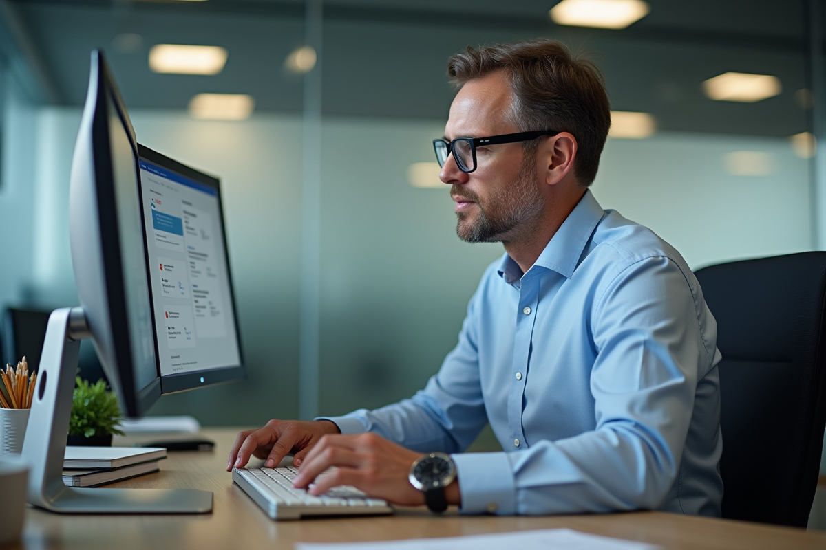 Homme d affaires au bureau regardant son ordinateur