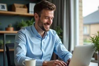Homme au bureau utilisant un portail client sur son ordinateur