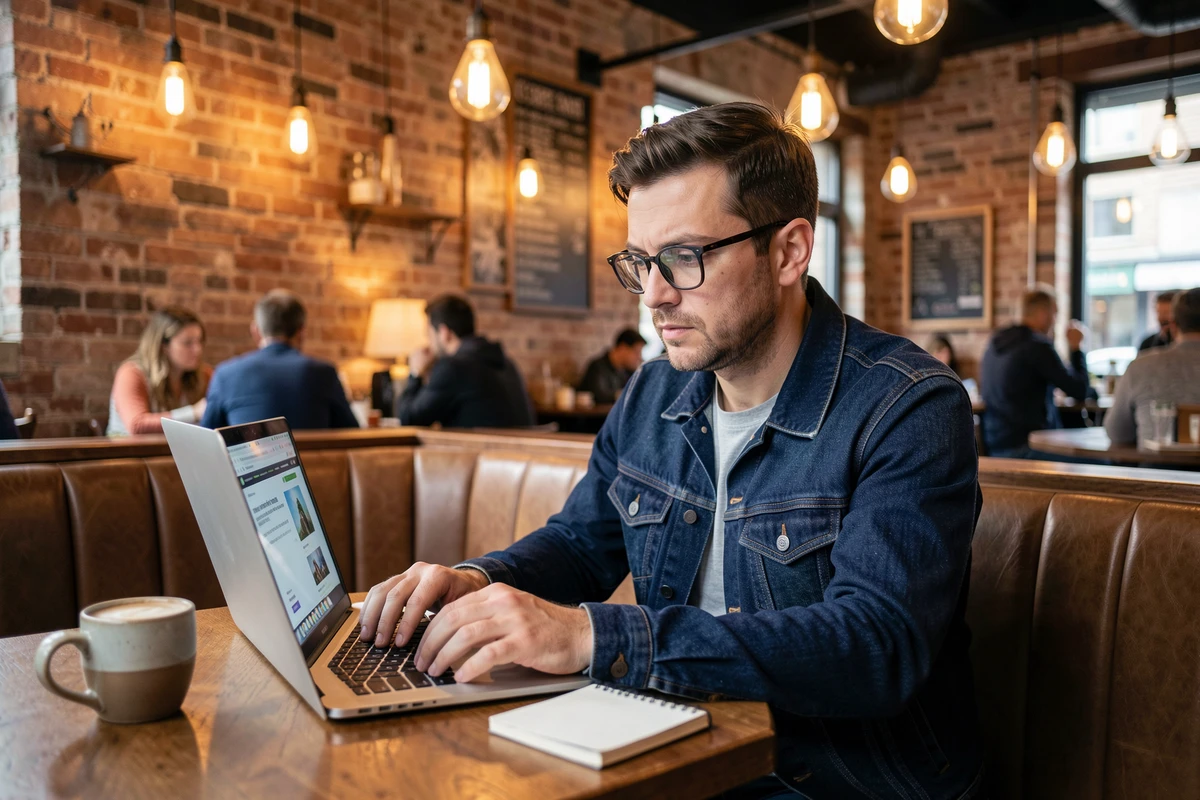 Homme dans un café utilisant un ordinateur portable pour accéder à un site tiers permettant de voir des stories Snapchat anonymement