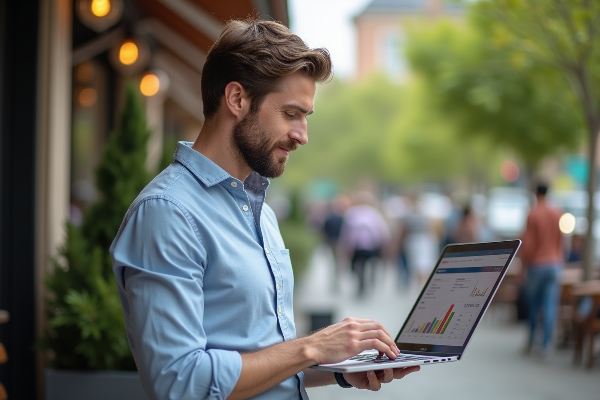 Homme détendu regardant des visualisations de données en extérieur