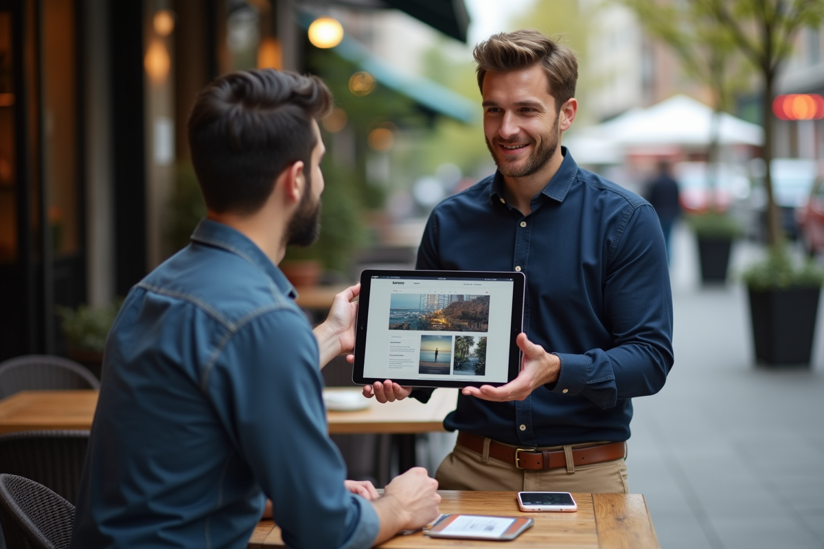 Homme professionnel présentant un site web sur une tablette