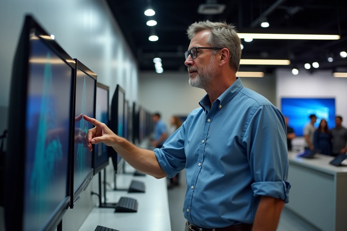 Homme en magasin tech observant écrans et spécifications