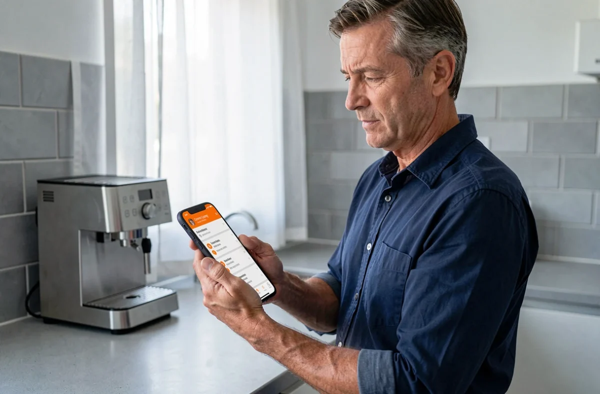 Homme consultant son compte portail Orange sur smartphone dans sa cuisine