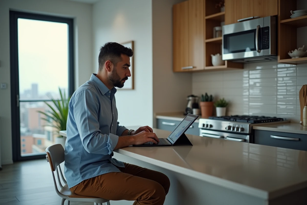 Homme en cours en ligne dans une cuisine moderne