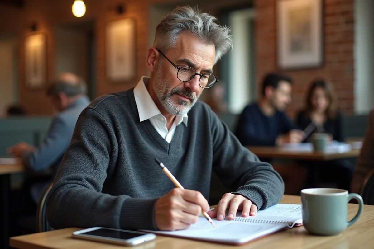 Homme d age moyen relisant un article dans un café coworking