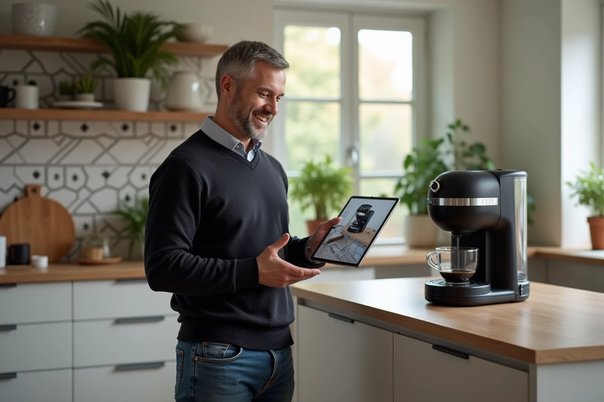 Homme souriant dans une cuisine tient une tablette avec une cafetière 3D