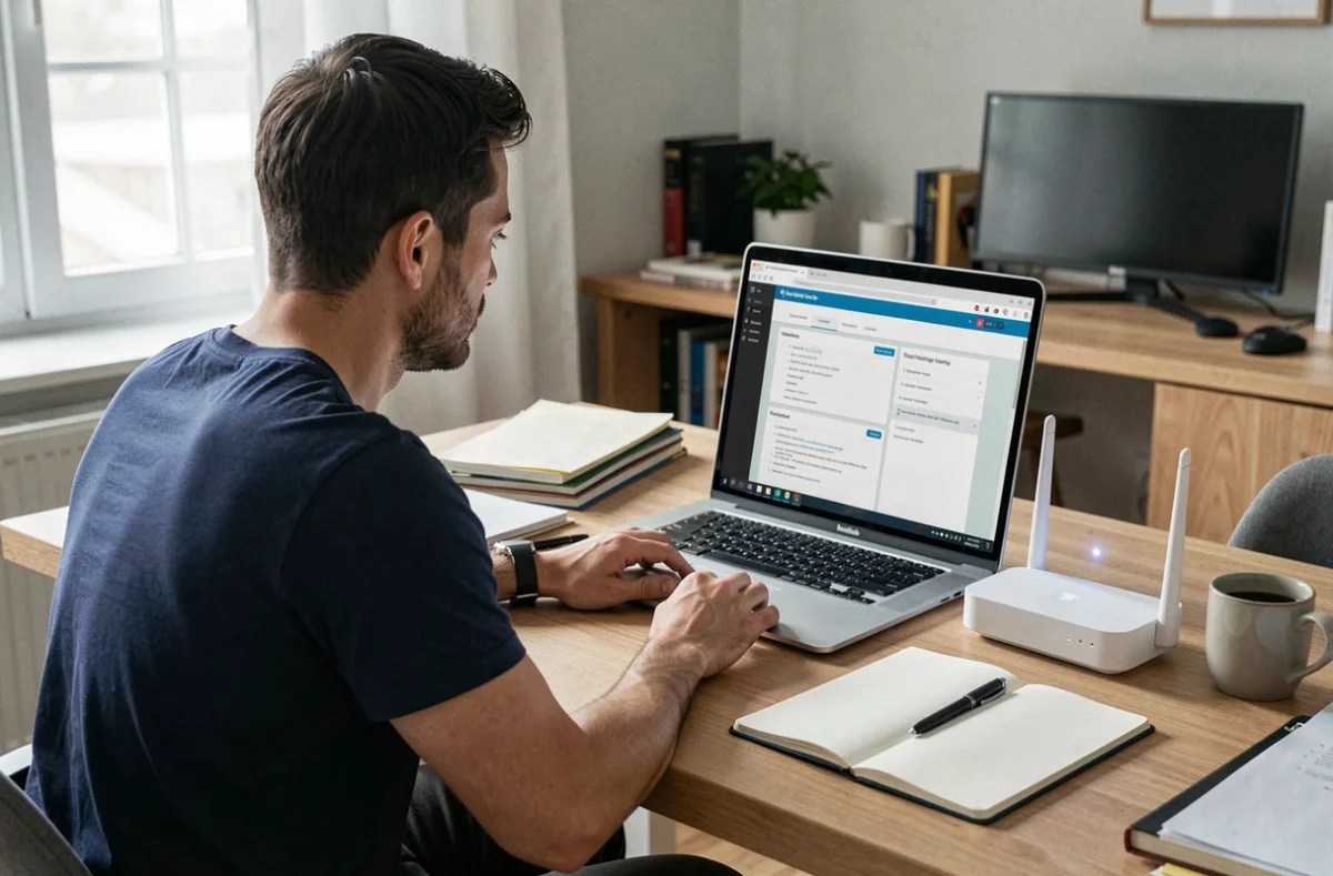 Homme dépannant sa connexion internet sur ordinateur portable avec une Livebox clignotante posée sur le bureau à domicile