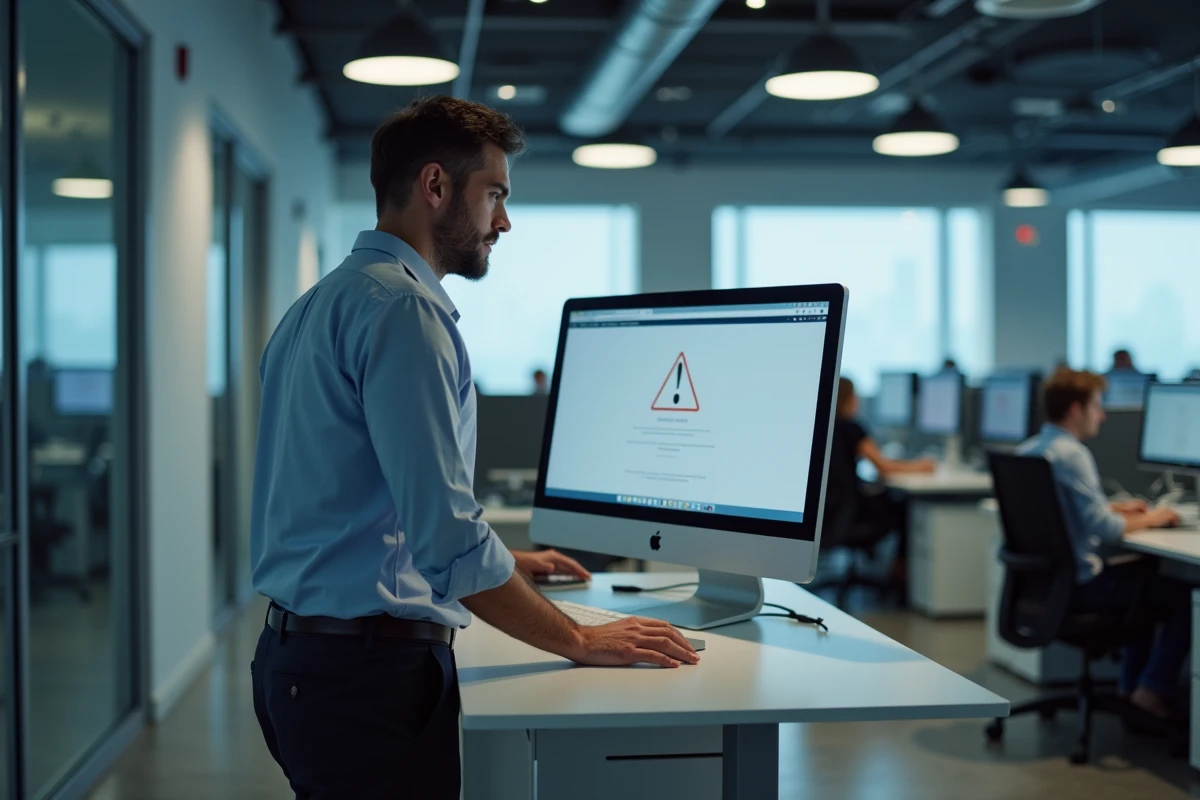 Homme au bureau professionnel regardant un message d'erreur de connexion sur un écran d'ordinateur de bureau
