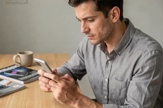 Homme évaluant un smartphone Android haut de gamme en 2026 sur un bureau minimaliste