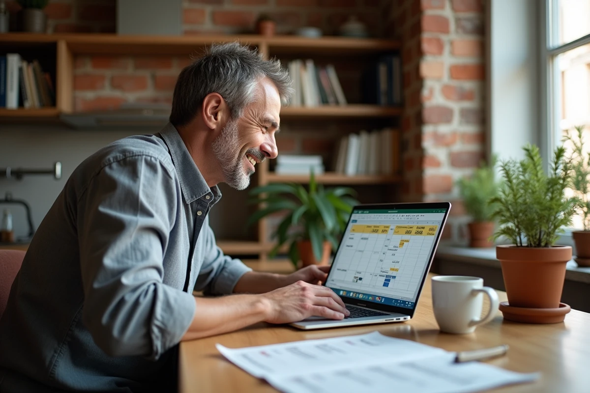 Homme travaillant sur un classeur Excel bilingue français anglais avec formules de date à domicile