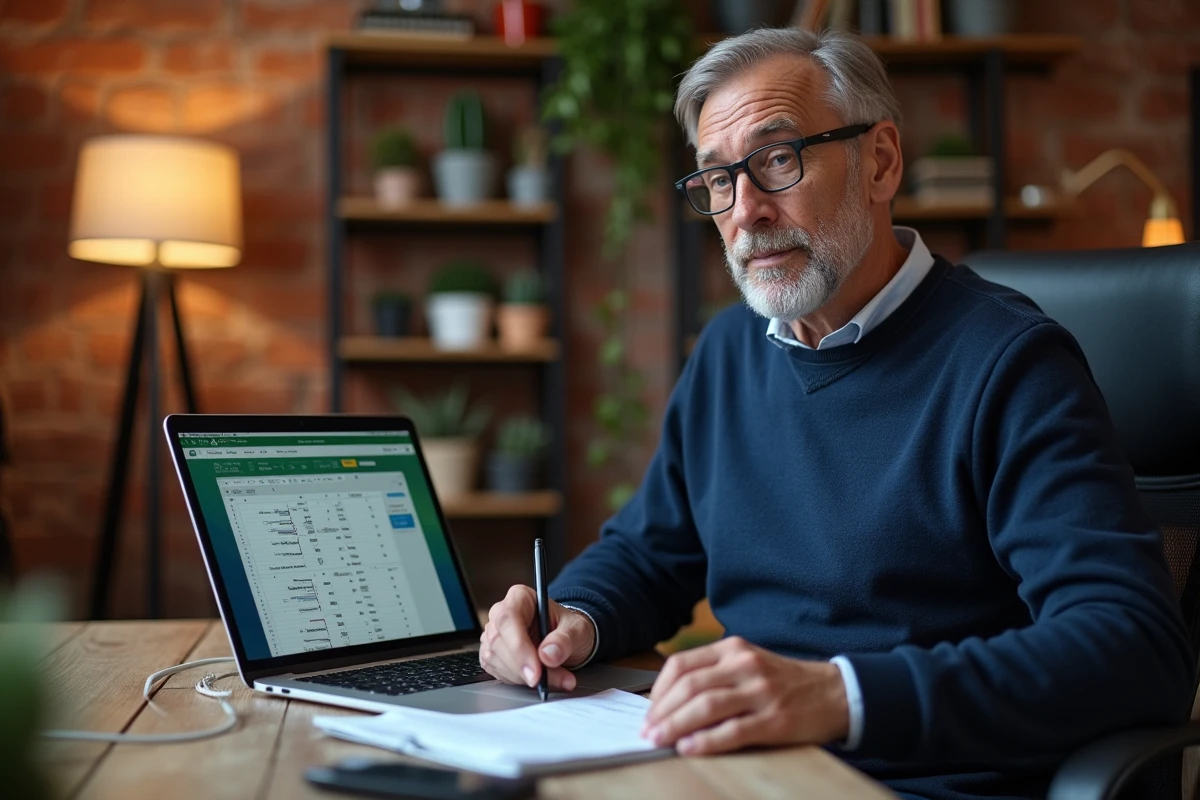 Homme utilisant une formule Excel pour transposer des données de lignes en colonnes dans un bureau à domicile