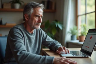 Homme d'âge moyen frustré devant un ordinateur à la maison