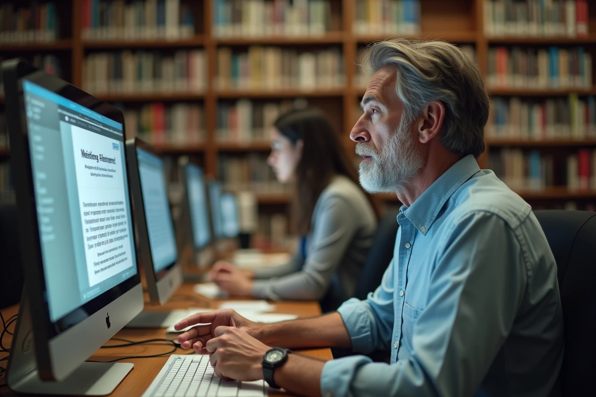 Homme au library face à un message d