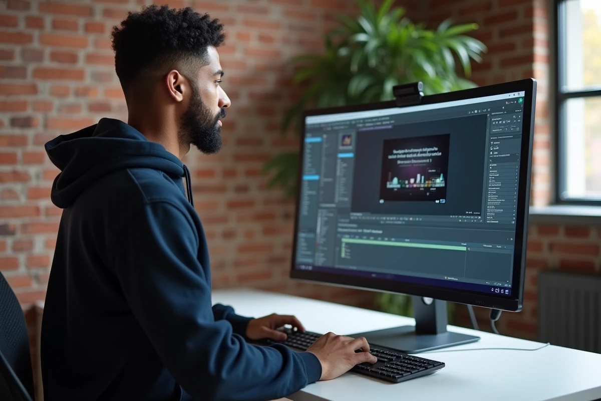 Homme debout utilisant une interface graphique tactile dans un bureau minimaliste à domicile