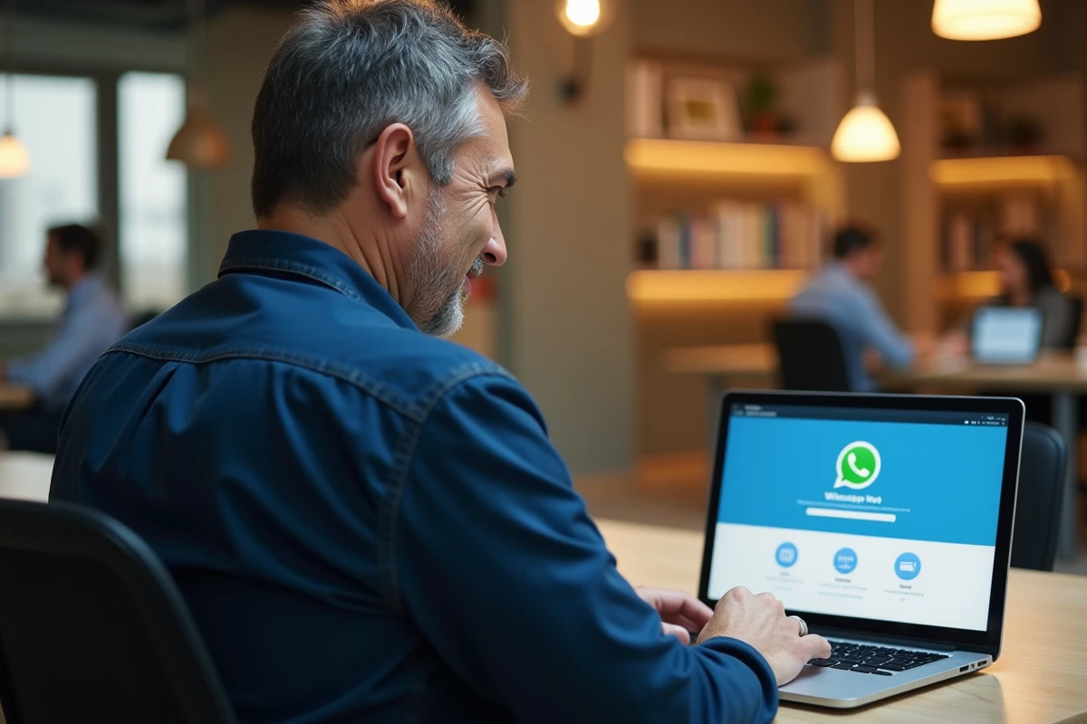 Homme en coworking utilisant WhatsApp Web sur son ordinateur