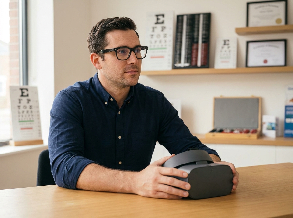 Homme porteur de lunettes examinant un casque VR dans un cabinet d'optique lors d'une consultation
