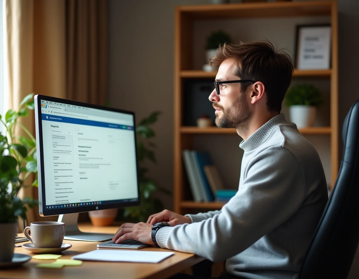 Homme optimisant les paramètres de son navigateur pour accélérer l'accès au webmail depuis son bureau à domicile