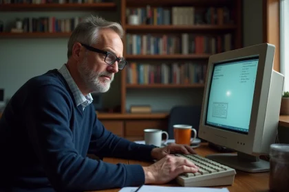 Homme d'âge moyen utilisant un ordinateur rétro dans un bureau