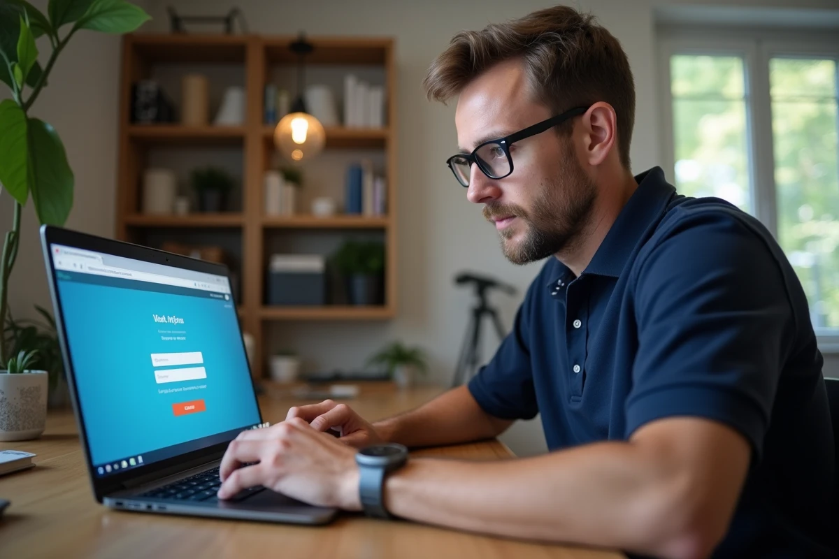 Homme en polo navy travaillant sur un ordinateur dans un bureau moderne