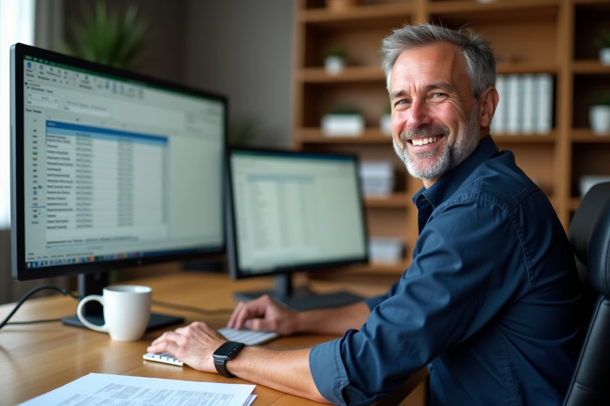Homme travaillant sur Power Query dans Excel avec double écran pour nettoyer et dédoublonner un fichier volumineux depuis son bureau à domicile