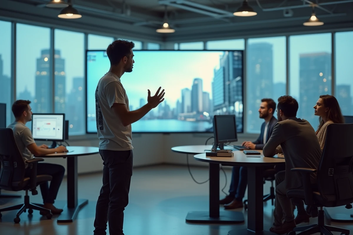 Homme expliquant un projet virtuel à ses collègues dans un bureau