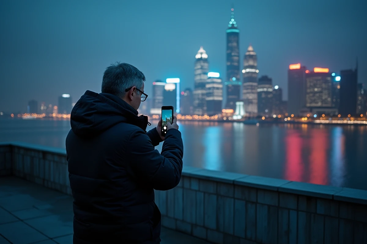 Homme photographiant la skyline urbaine depuis un toit