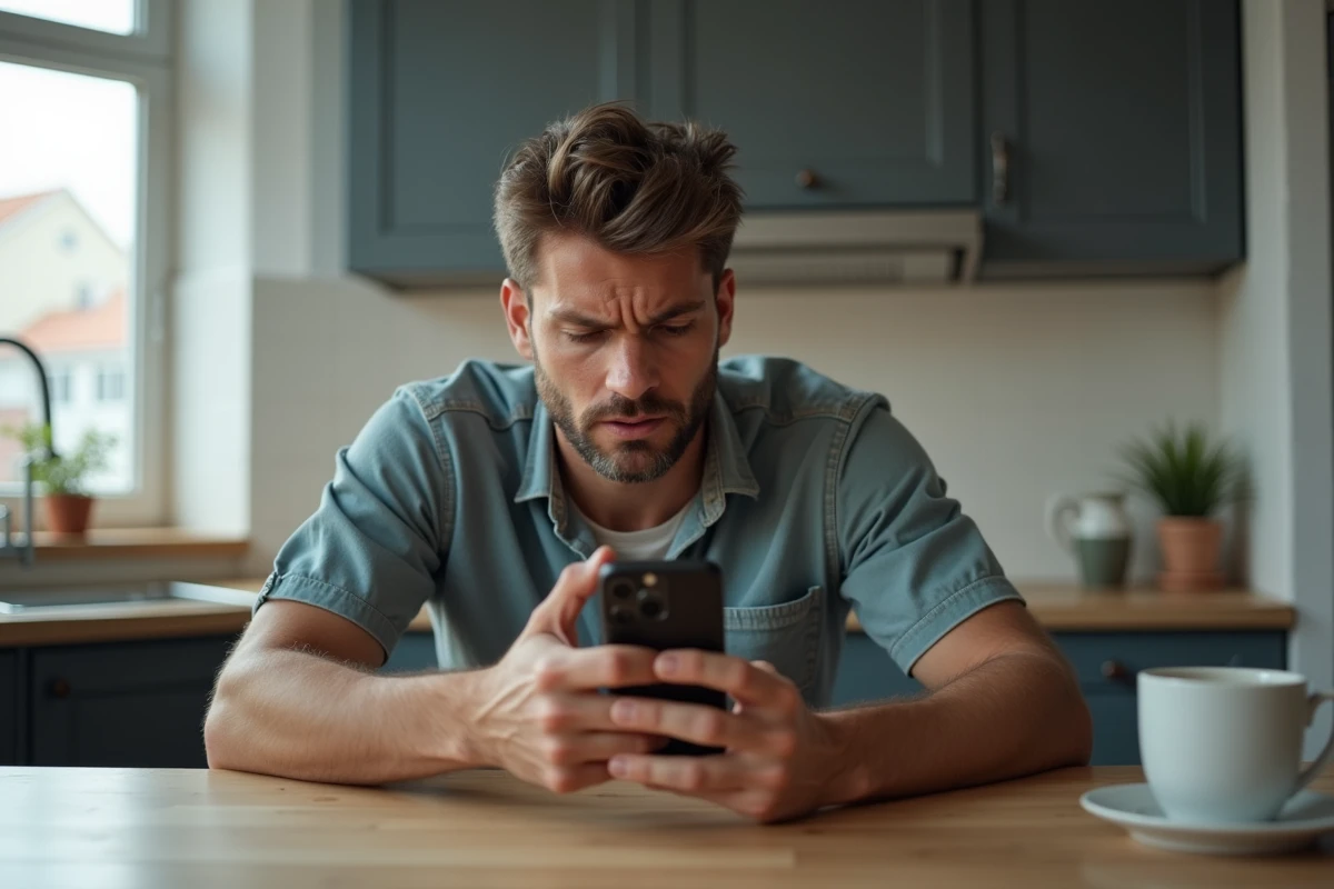 Homme regardant son smartphone dans la cuisine moderne