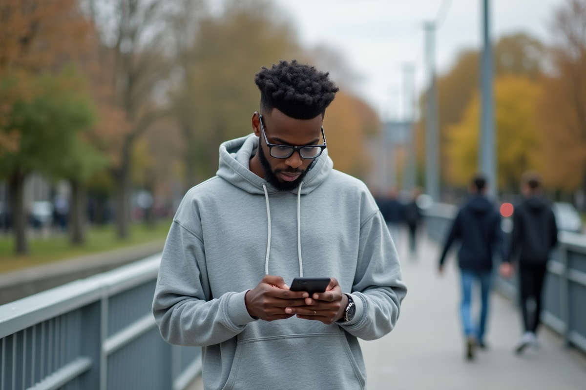 Jeune homme dans la ville regardant son smartphone