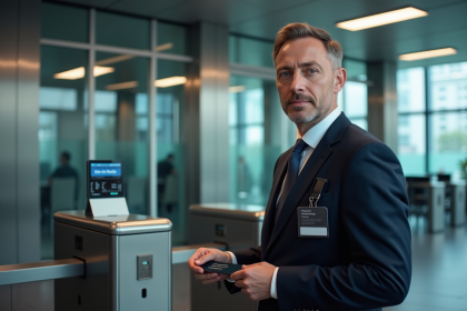Homme d affaires avec badge devant un tourniquet de securite