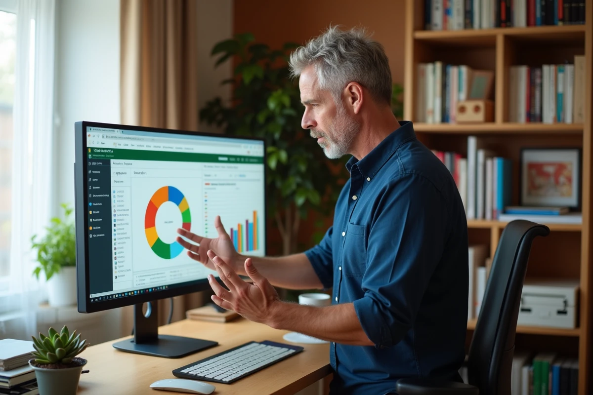 Homme en télétravail expliquant un diagramme camembert Excel sur un grand écran dans son bureau à domicile