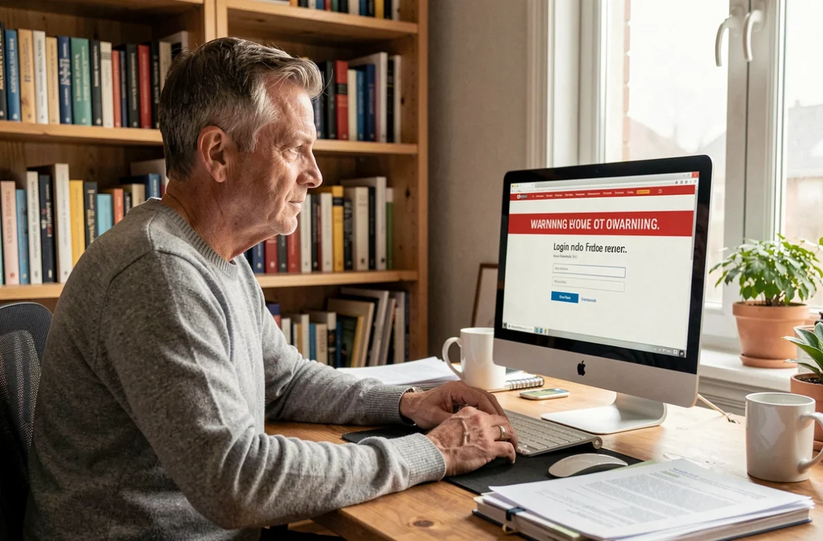 Homme en télétravail consultant un message d'erreur de connexion sur un écran d'ordinateur depuis son bureau à domicile