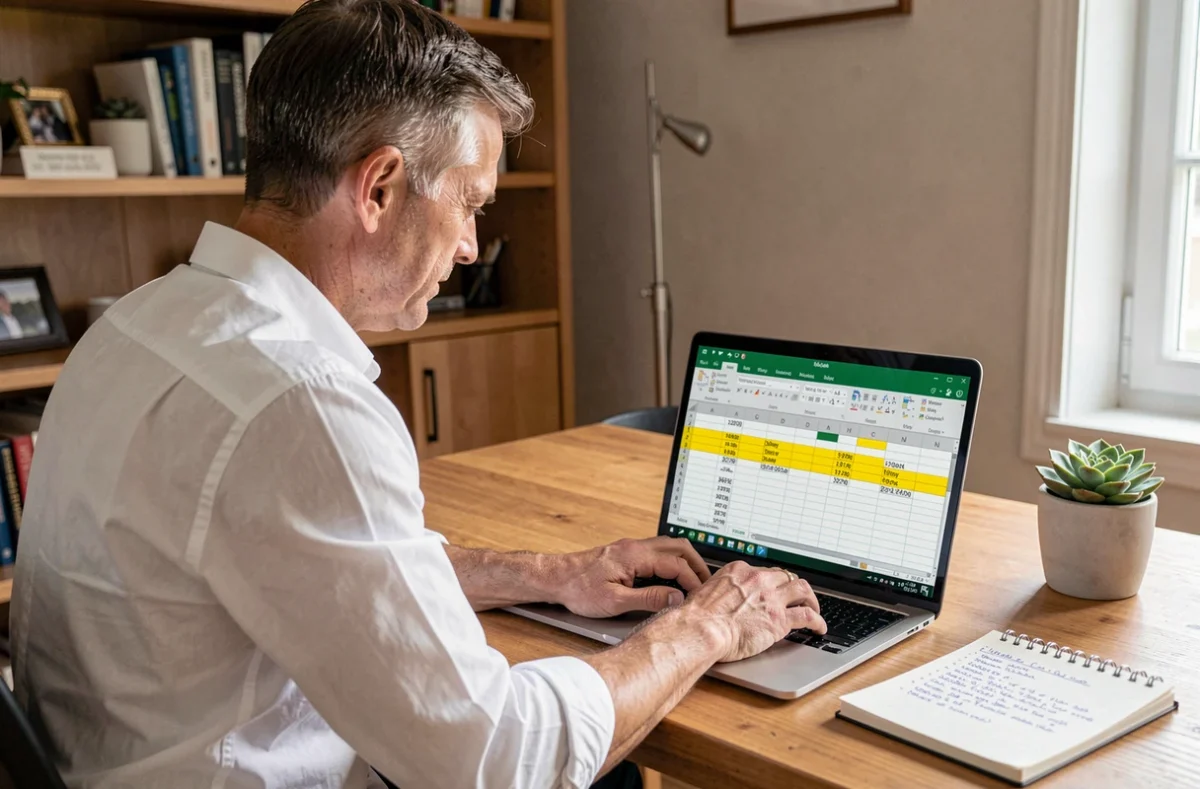 Homme en télétravail calculant une différence de dates en jours ouvrés sur Excel depuis son bureau à domicile