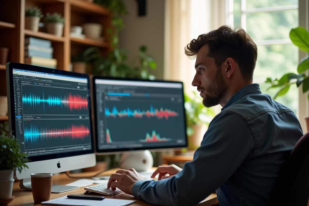 Homme transcripteur dans un bureau avec plusieurs écrans et plantes