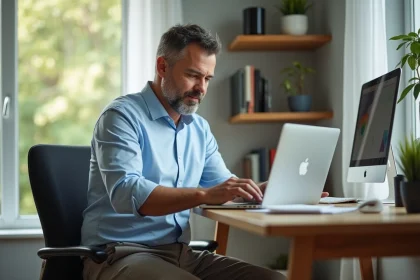 Homme d'âge moyen en bureau à domicile configurant logiciel