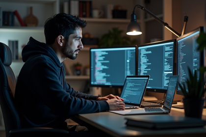 Homme concentré travaillant sur son ordinateur dans un bureau moderne