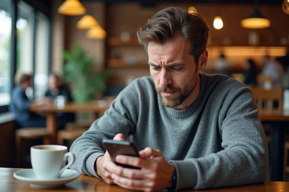Homme vérifiant une URL masquée sur son smartphone dans un café urbain pour protéger son compte en ligne