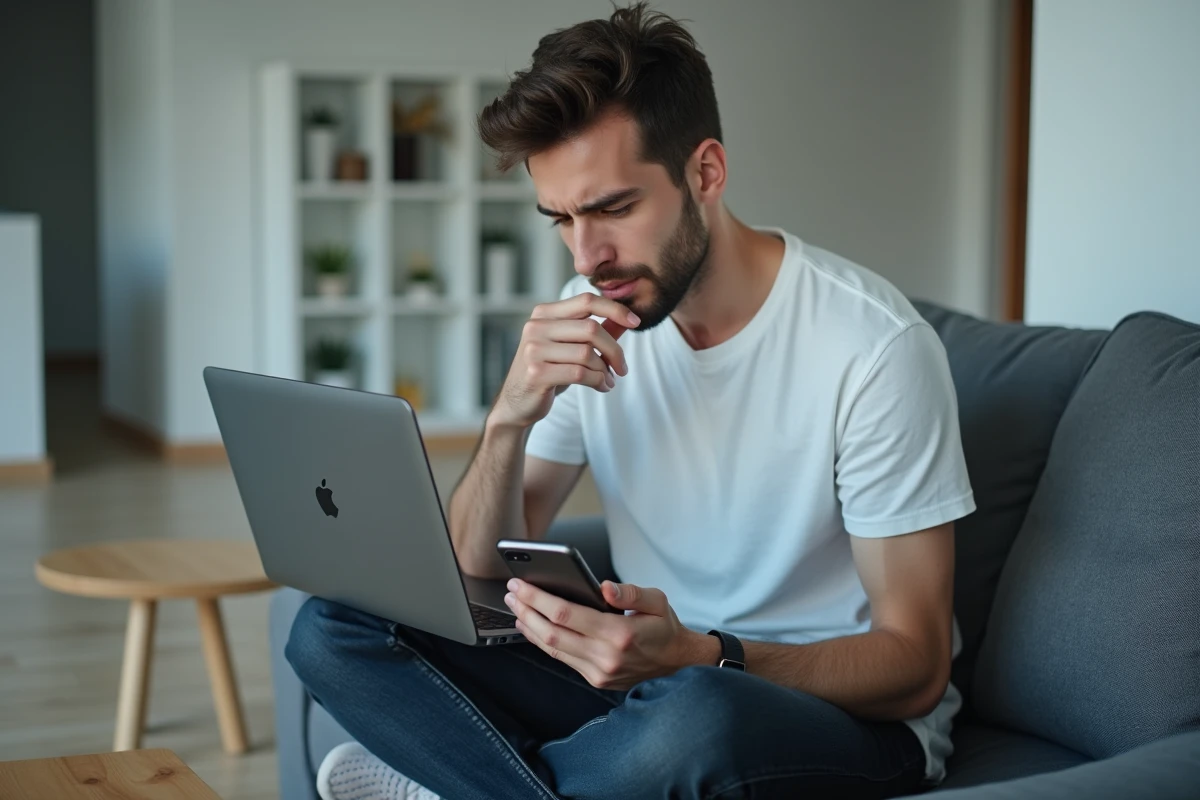 Jeune homme utilisant iCloud sur laptop et iPhone pour retrouver des photos effacées