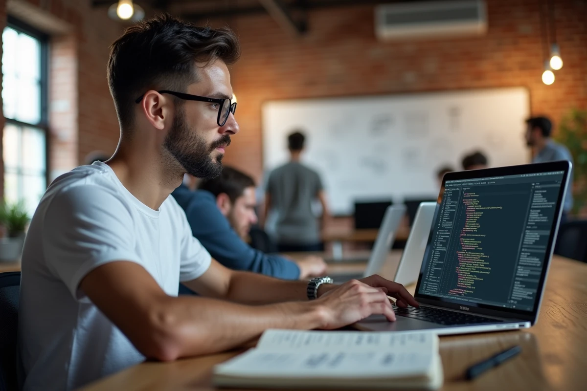 Ingénieur logiciel travaillant sur l'organisation de modules Python dans un open space technologique moderne
