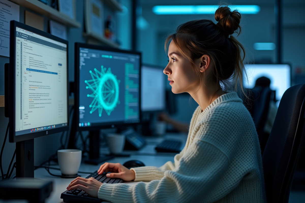 Jeune femme ingénieure en codage dans un laboratoire tech