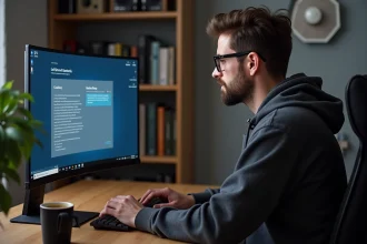 Homme installant un logiciel système sur un ordinateur de bureau avec interface de configuration affichée à l'écran