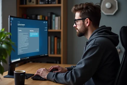 Homme installant un logiciel système sur un ordinateur de bureau avec interface de configuration affichée à l'écran