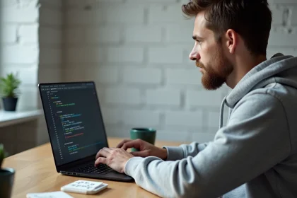 Développeur installant pip sur un ordinateur portable sous Windows avec un terminal ouvert en environnement home office