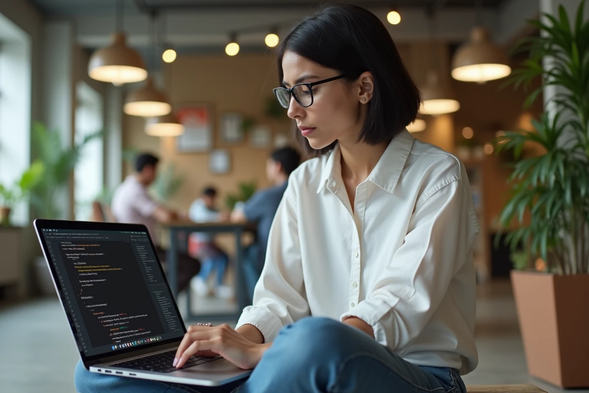 Développeuse installant pip sur macOS dans un espace de coworking moderne avec terminal Python ouvert