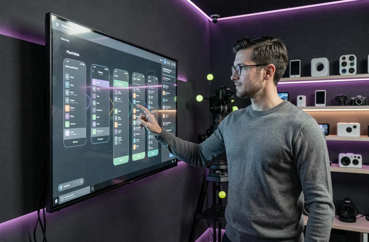 Concepteur d'Interactive Layer manipulant une interface tactile murale avec des cartes d'interaction d'application mobile