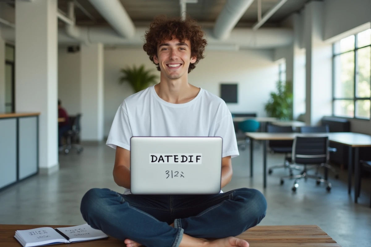 Jeune personne comparant des formules Excel de calcul d'âge en français et en anglais dans un espace de coworking