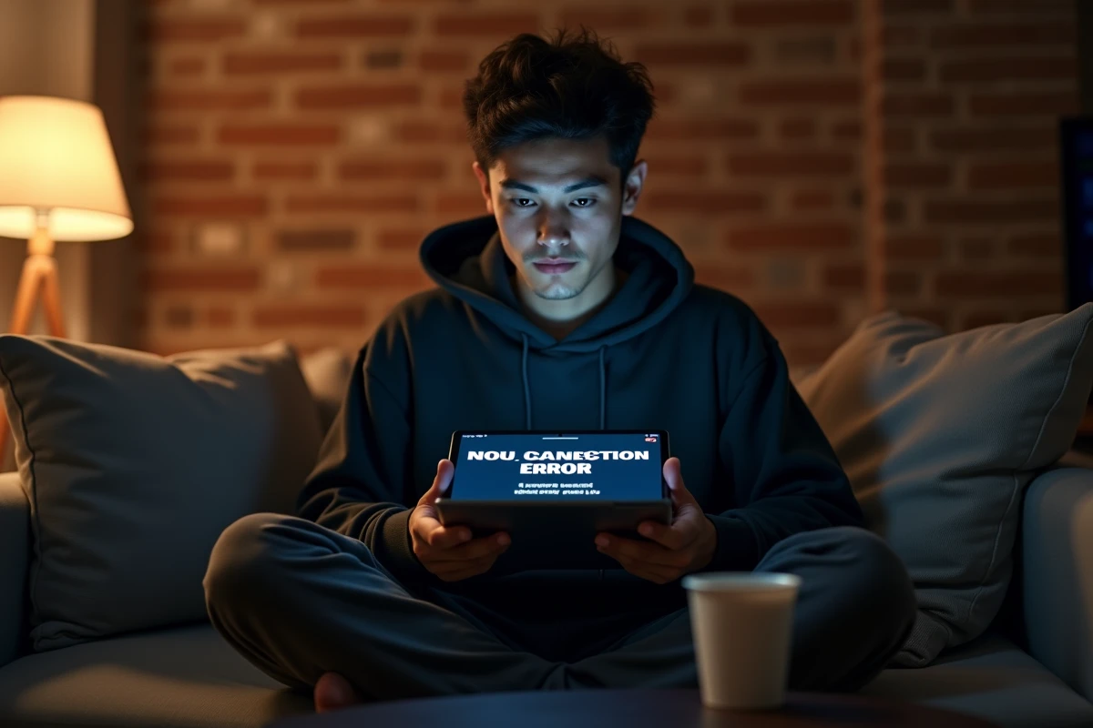 Jeune personne assise sur un canapé tenant une tablette affichant un message d'erreur de connexion réseau
