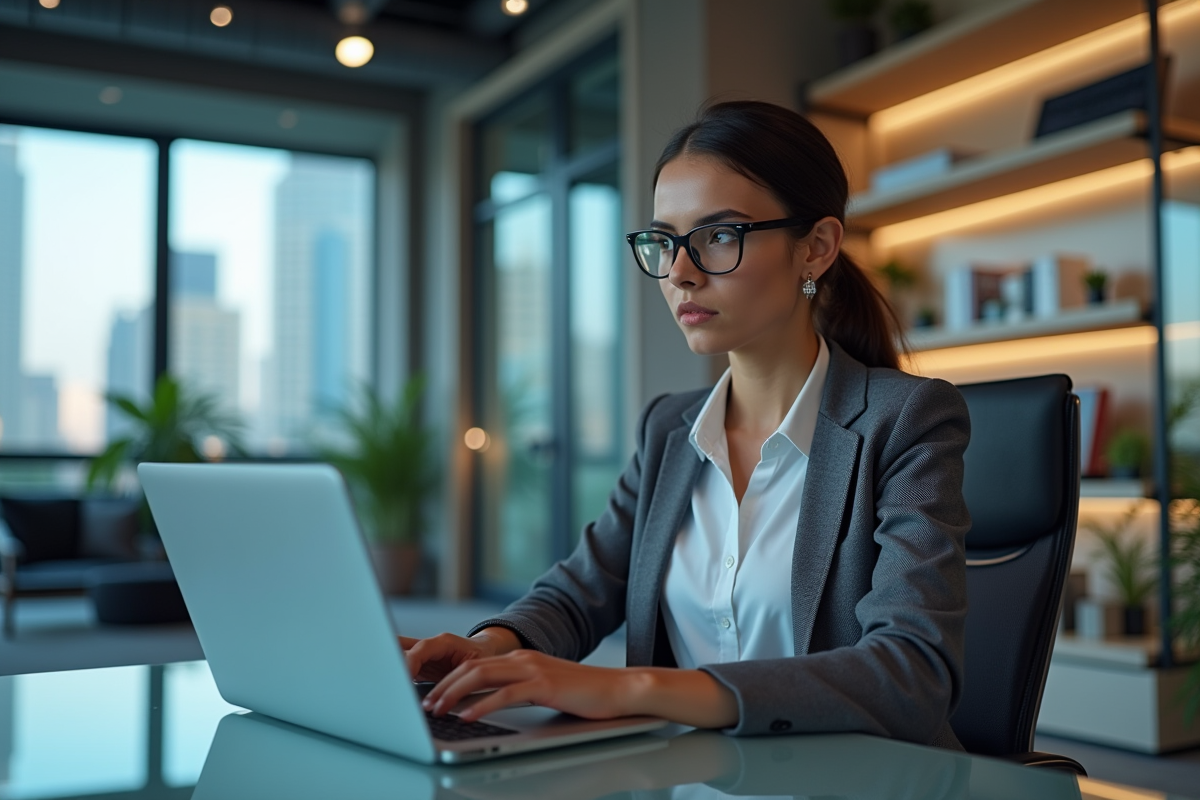 Jeune femme en business casual analyse des données marketing
