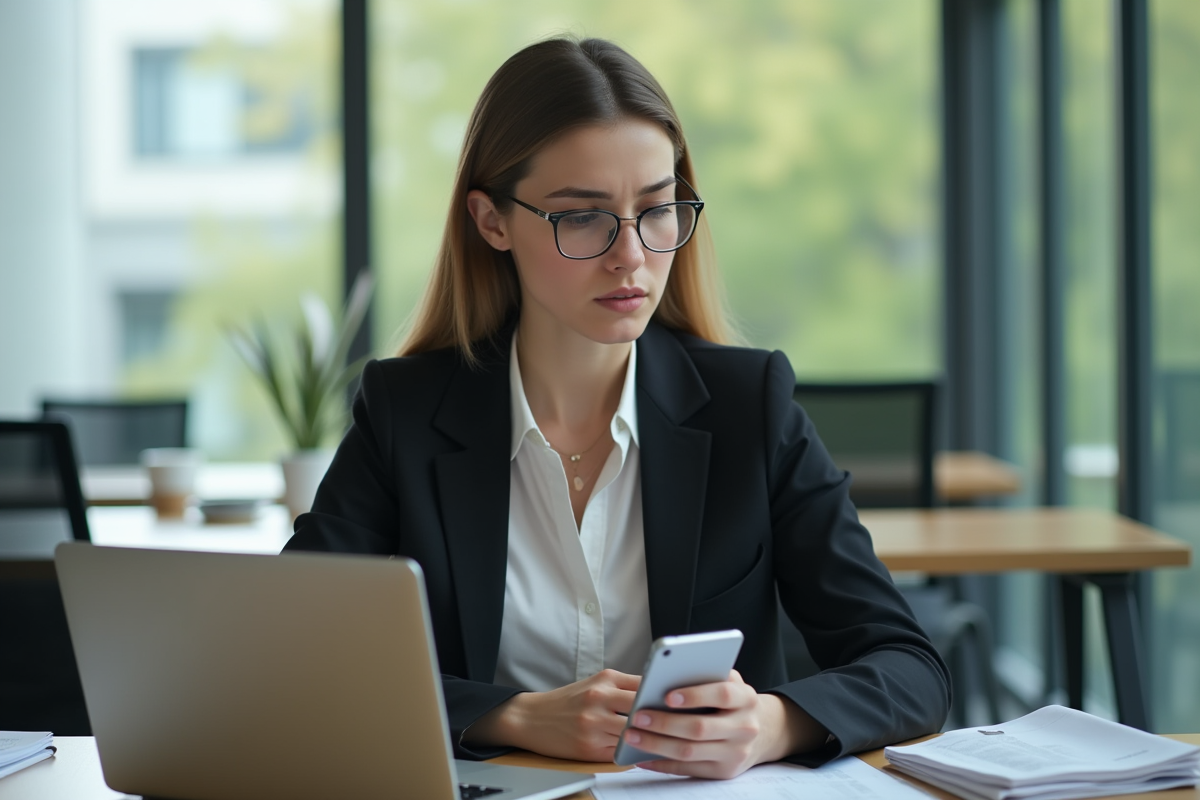 Jeune femme professionnelle concentrée devant son ordinateur au bureau